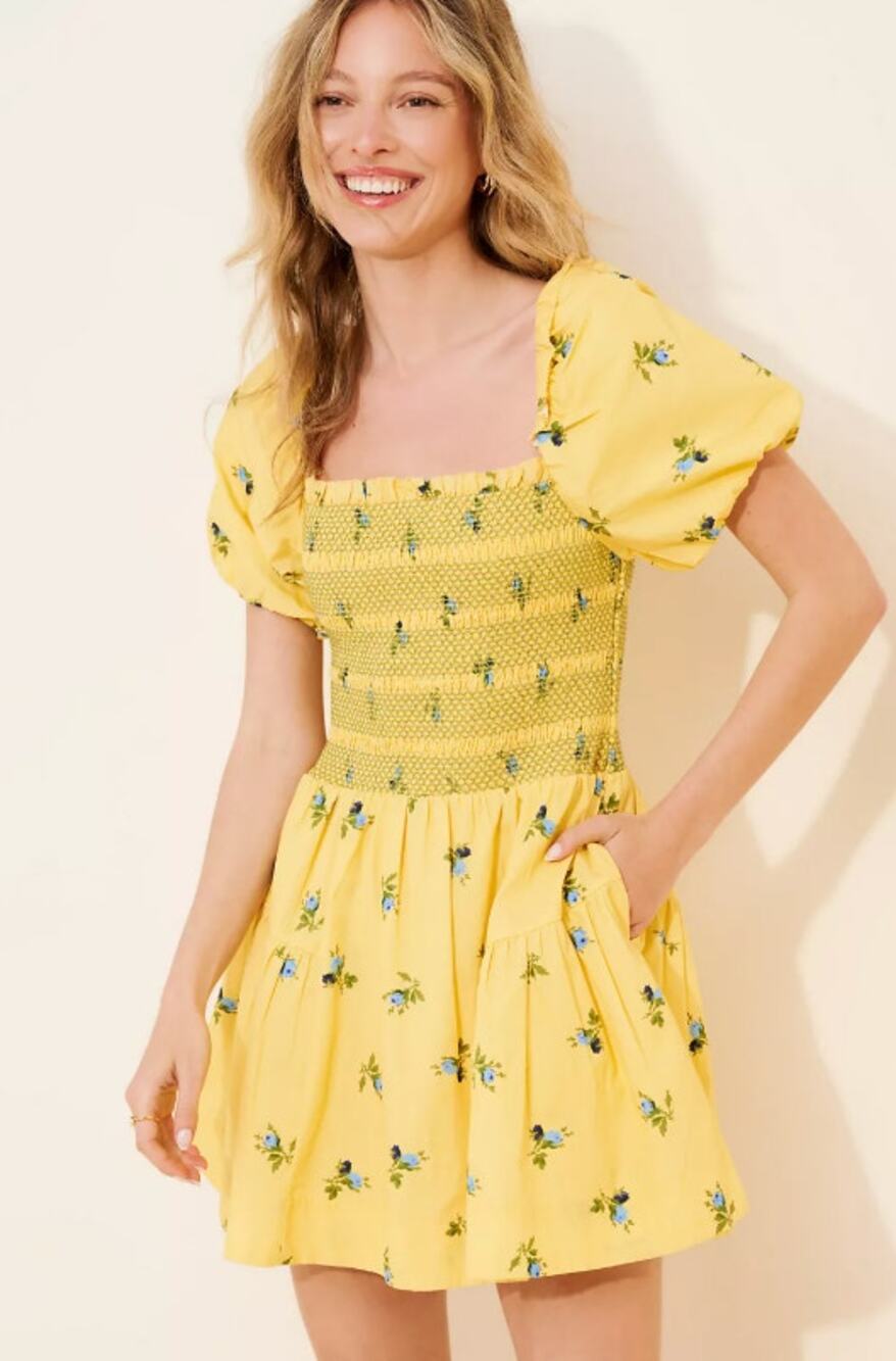 Anthropologie Somerset Adaptive Puff-Sleeve Smocked Mini Dress Yellow Floral S